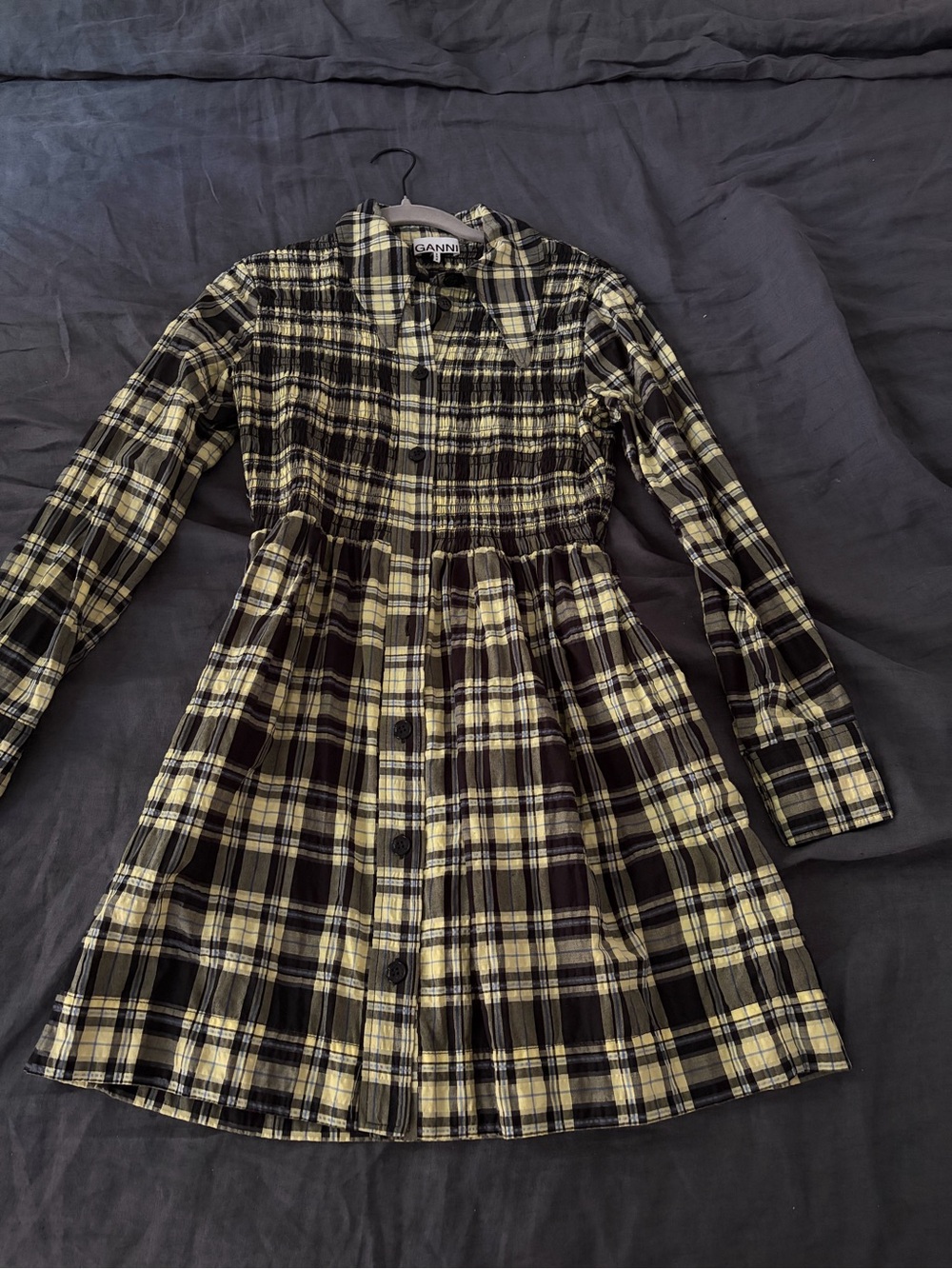 Ganni Black and Yellow Plaid Button-Up Dress
